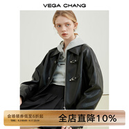 VEGA CHANG機(jī)車風(fēng)皮衣女春秋季2025年韓版bf風(fēng)一字扣PU皮夾克短外套 黑色 M