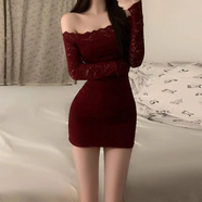 ARPGNHN2023早秋欲一字肩蕾絲連衣裙辣妹長(cháng)袖包臀裙修身顯瘦短裙子 深紅 L