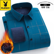 花花公子（PLAYBOY）冬季燙金保暖襯衫男士加絨加厚商務(wù)休閑中老年長(zhǎng)袖一體絨襯衣 深藍(lán)色 加絨 bn225 44 碼