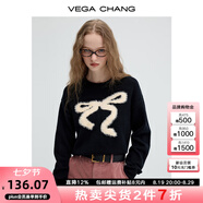 VEGA CHANG毛衣女2025秋冬新款慵懶仿貂毛蝴蝶結(jié)圓領(lǐng)套頭毛針織衫 簡(jiǎn)約黑 L
