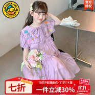 G.DUCKKIDS小黃鴨童裝女童連衣裙夏季薄款洋氣兒童裙夏裝夏天泡泡袖公主裙子 花朵娃娃領(lǐng)裙子 150 建議140-150cm11-12歲