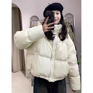 莫代爾免洗PU皮立領(lǐng)棉服女冬季2025年新款短款寬松加厚防風(fēng)休閑外套女 米白色 L 125-140斤左右