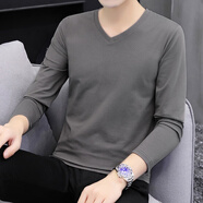 以純（YISHion）V領(lǐng)長(cháng)袖t恤男秋冬季內搭薄款上衣服雞心領(lǐng)純色純棉打底衫百搭體恤 深灰色 QY8002 M
