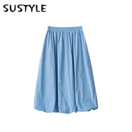 SUSTYLE高檔奢侈品牌2025夏款a字半身裙女顯瘦純色內(nèi)襯松緊腰純棉花苞裙 迷霧藍 L