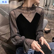 事思蕾絲衫絲絨上衣韓版新款大碼女裝胖妹妹內搭亮絲網(wǎng)紗打底衫 黑色 L