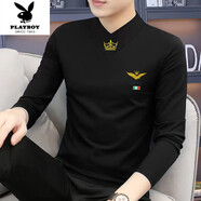 花花公子（PLAYBOY）秋冬半高領(lǐng)打底衫男士中領(lǐng)繡花長(cháng)袖高質(zhì)量棉T恤修身秋季男裝潮流. 黑色+S666【棉V領(lǐng)】 L 建議120-135斤