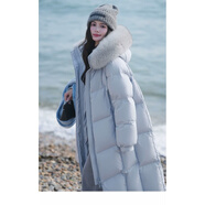 芊吻秀2025網(wǎng)紅同款90白鵝絨大毛領(lǐng)韓版羽絨服女加長(cháng)款加厚連帽冬季外套 天藍色 S （0-130斤）