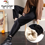 啄木鳥(niǎo)（TUCANO）加絨加厚哈倫牛仔褲女寬松秋冬季2025新款高腰直筒外穿老爹褲子 加絨 黑色 S 適合90-100斤