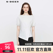 S.DEER圣迪奧女裝復古圓領(lǐng)壓褶盤扣網(wǎng)紗不規(guī)則T恤S24260101 本白/9B S 160