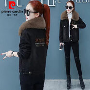 皮爾卡丹中長(cháng)款牛仔加絨外套女秋冬季新款大毛領(lǐng)羊羔絨拼接棉衣加厚棉服女 8803 S 80-90斤