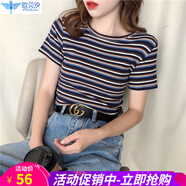 短款條紋t恤女短袖新款學(xué)生潮上衣修身女士高腰緊身體恤春夏秋 深藍色 均碼