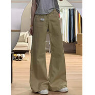 百圓褲業(yè)（BAIYUAN TROUSERS）美式復古卡其色微喇牛仔褲女春秋高腰垂感顯瘦百搭休閑直筒拖地褲 卡其色長(cháng)褲【推薦身高163CM以下】 XS