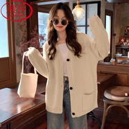 浪莎中長(cháng)款針織衫開(kāi)衫女秋冬新款寬松顯瘦薄外套韓版休閑百搭秋裝上衣 米白色 均碼 【適合80-140斤】