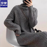 羅蒙（ROMON）慵懶風(fēng)麻花針織連衣裙女法式秋冬季打底內搭毛衣長(cháng)裙 灰色 XL 120斤-130斤