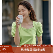 茵曼（INMAN）夏季小眾泡泡袖寬松氣質(zhì)法式顯瘦方領(lǐng)短袖T恤女上衣 翠綠色 L
