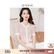 JESSIE小香風粉色針織衫女2025春夏季新款V領短袖小衫顯瘦氣質(zhì)上衣 粉色-短袖 M