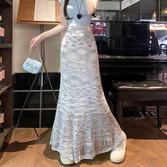 待婉蕾絲花邊針織裙女韓版高腰包臀裙魚(yú)尾半身超長(cháng)拖地裙 藍白 均碼