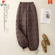 皮爾卡丹高端棉褲女2025冬歐洲站松緊高腰寬松休閑格子夾棉保暖闊腿褲 咖啡色  M 【建議90-110斤】