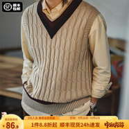 馬登工裝 復(fù)古lvy針織V領(lǐng)毛衣背心男秋季學(xué)院風(fēng)撞色立體絞花無袖馬甲 卡其 L