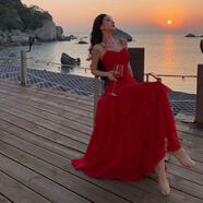 夏日絕美小裙子覆古紅色度假風(fēng)吊帶長裙晚禮服收腰荷葉邊洋裝女 酒紅色_現(xiàn)貨 M