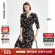 朗姿【明星同款】黑色復古碎花顯瘦連衣裙夏季新款氣質(zhì)裙子 黑色 L