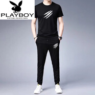 花花公子（PLAYBOY）套裝男夏季韓版潮流帥氣休閑運動(dòng)兩件套大碼網(wǎng)紅秋裝一套衣服 黑色=抓痕套裝【短】 【T恤+褲子 L 建議90-115斤穿