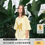SuaMoment抓痕字母貓咪印花短袖夏季新款男女寬松休閑潮流T恤 黃色 XL
