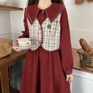 G.DUCKKIDS女大童娃娃領(lǐng)學(xué)院風(fēng)連衣裙秋冬新款紅色女孩小裙子+馬甲兩件套裝 紅色馬甲 165 S建議78-95斤