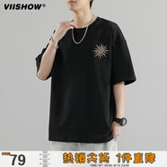 viishow短袖男夏季潮流寬松上衣服五分半袖男透氣涼感體恤T恤男  黑色XL 