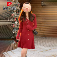 皮爾卡丹（pierre cardin）過(guò)年新年戰袍紅色針織連衣裙子女秋冬季2025新款大衣內搭短裙 【紅色短款 S 40/45kg