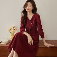 熙世界（sllsky）浪漫復古連衣裙女秋冬公主裙法式赫本生日禮裙子高級感本命年女裝 復古紅 L