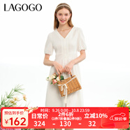 LAGOGO全棉提花舒適V領(lǐng)連衣裙女拉谷谷夏季新款氣質(zhì)泡泡袖裙子 本白色(V1) S