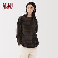 無(wú)印良品（MUJI）男式 水洗粗棉線一字領(lǐng)九分袖T恤男士長(zhǎng)袖打底衫條紋男款秋季男裝 深棕色條紋 L （175/100A）