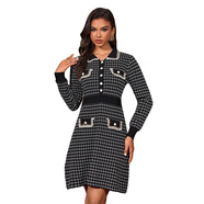 歐美小香風(fēng)翻領(lǐng)針織連衣裙秋冬氣質(zhì)法式休閑千鳥(niǎo)格連衣裙 黑色 S