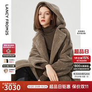 朗姿【尖貨補(bǔ)單】麂皮絨羊毛羊剪絨外套大衣女法式連帽泰迪顆粒絨皮草 煙灰色3 XL