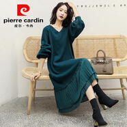 皮爾卡丹（pierre cardin）毛衣裙女韓版拼接大碼針織衫燈籠袖連衣裙過膝長(zhǎng)款打底衫女 墨綠色 L 建議110-120斤
