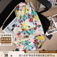 她池松緊腰休閑褲2025夏裝新款女裝度假風(fēng)印花寬松款闊腿褲