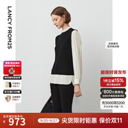 朗姿純羊毛設(shè)計感假兩件內(nèi)搭打底上衣冬季新款氣質(zhì)毛針織衫 黑色3米白袖 M