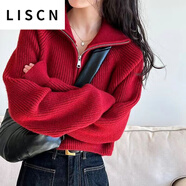 LISCN新款半拉鏈polo領(lǐng)蝙蝠袖針織衫高腰毛衣女短款時(shí)尚美拉德色系上衣 紅色 S 85-95
