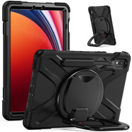 萬浮生適用于三星S10Fe平板保護(hù)套無磁標(biāo)簽S8Plus S7 S9Fe S10+ T510 T290 T225 A8 A9防摔硅膠全蓋 黑色＋橫豎穩(wěn)固支架 三星Tab A7 Lite (8.7英寸)