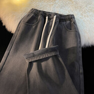 加絨加厚直筒牛仔褲女冬季2025新款小個(gè)子闊腿加棉松緊腰秋冬褲子 灰色-加絨 S