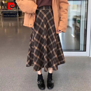 皮爾卡丹（pierre cardin）復古格子半身裙女春秋新款寬松復古英倫風(fēng)中長(cháng)款高腰包臀a字長(cháng)裙 4002#格子毛呢裙【春秋季】 不加 M 90-110斤
