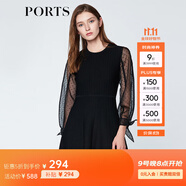 PORTS寶姿商場同款春夏新品女裝歐根紗拼接袖連衣裙 黑色 L