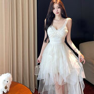 Maycaur輕奢風(fēng)純重工級生小禮公色網(wǎng)紗吊帶連長(cháng)不規則 米白色（優(yōu)質(zhì)原版） S