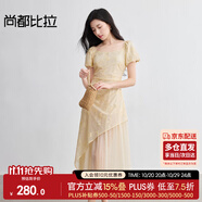 尚都比拉宮廷繡花拼接假兩件方領連衣裙女夏季燈籠袖不規(guī)則茶歇裙收褶長裙