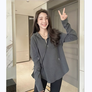 妃麗慕尚德絨加厚拉鏈連帽衛(wèi)衣女秋冬弧形下擺中長款寬松百搭長袖打底衫潮 【德絨厚】767灰色 L 建議115斤以內(nèi)
