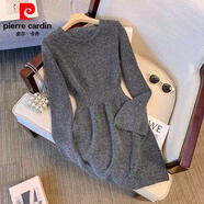 皮爾卡丹（pierre cardin）法式復古圓領(lǐng)長(cháng)袖針織連衣裙秋冬純欲風(fēng)辣妹修身氣質(zhì)包臀短裙女裝 灰色 S 80-90