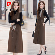 皮爾卡丹針織長(cháng)袖連衣裙2025秋冬新款巨好看法式氣質(zhì)小香風(fēng)西裝背帶裙套裝 咖色 XL