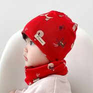 萌夫（MENGFU）新款純棉兒童雙層帽子圍脖兩件套寶寶套頭帽秋冬季防風(fēng)保暖護耳帽 圣誕大紅 L【頭圍50-56cm/3-6歲】