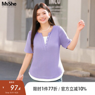 MsShe【長袖假兩件針織衫】大碼女裝2025秋夏裝胖mmT恤遮肚巨顯瘦毛衣 短袖【V領】風信紫色現(xiàn)貨 4XL